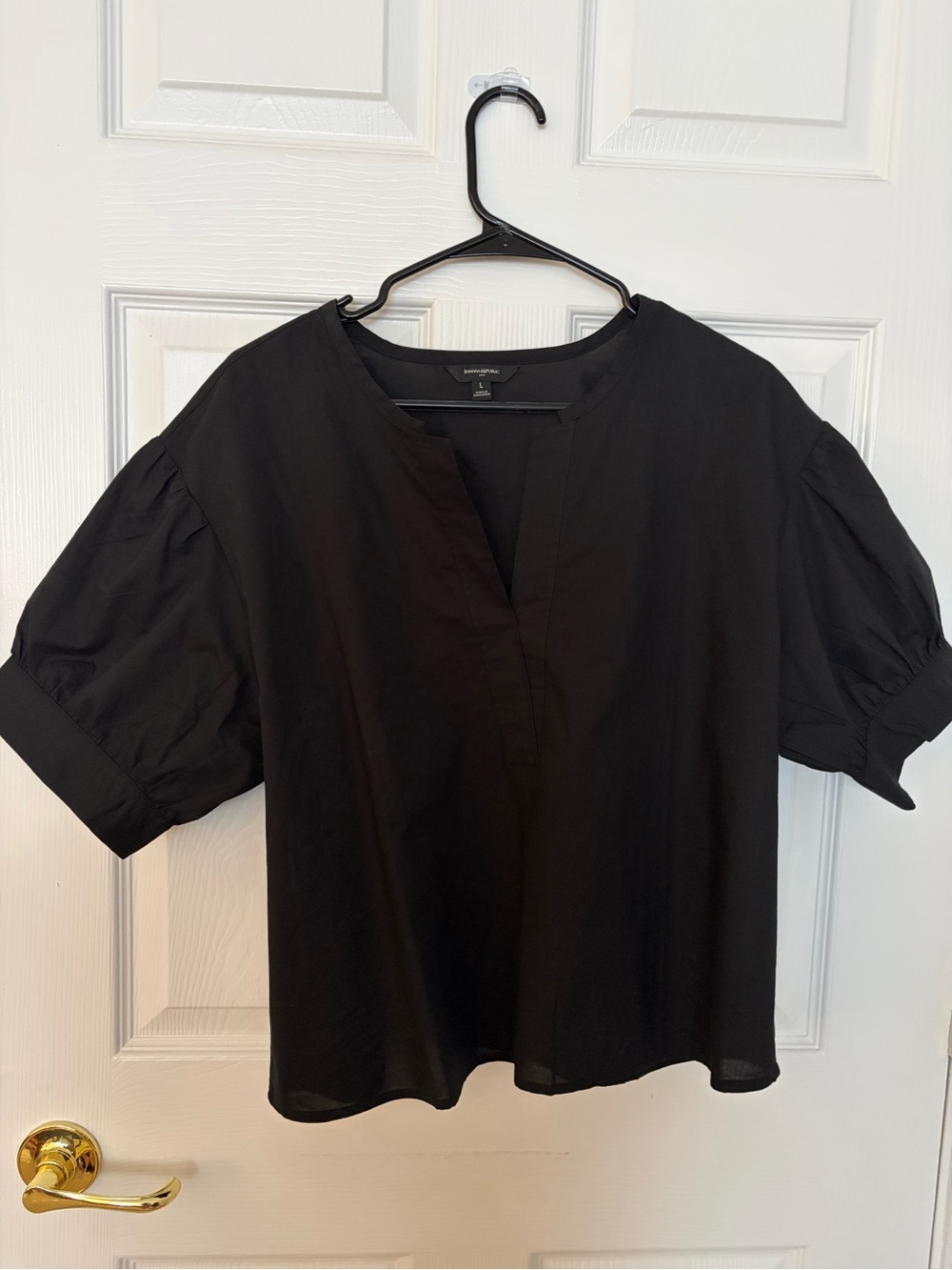 Banana Republic Black Split V-Neck Puff Sleeve Top